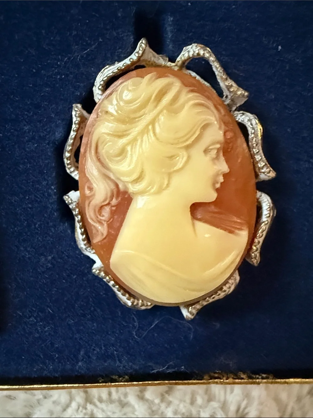 Avon Two-Tone Cameo Brooch in Cream and Brown with Silver-Tone Frame